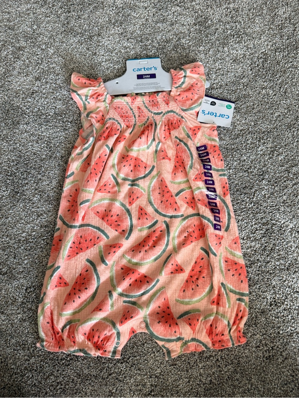 New with tags- Carter's Peachy Pink Watermelon Print Baby Romper, size 24 months